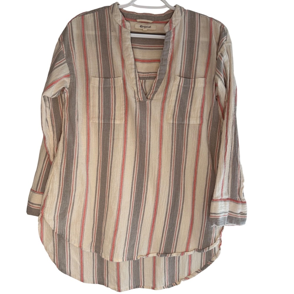 Rip Curl Womens Small Striped Long Sleeve Tunic Top Split V-Neck Beach Cover Up